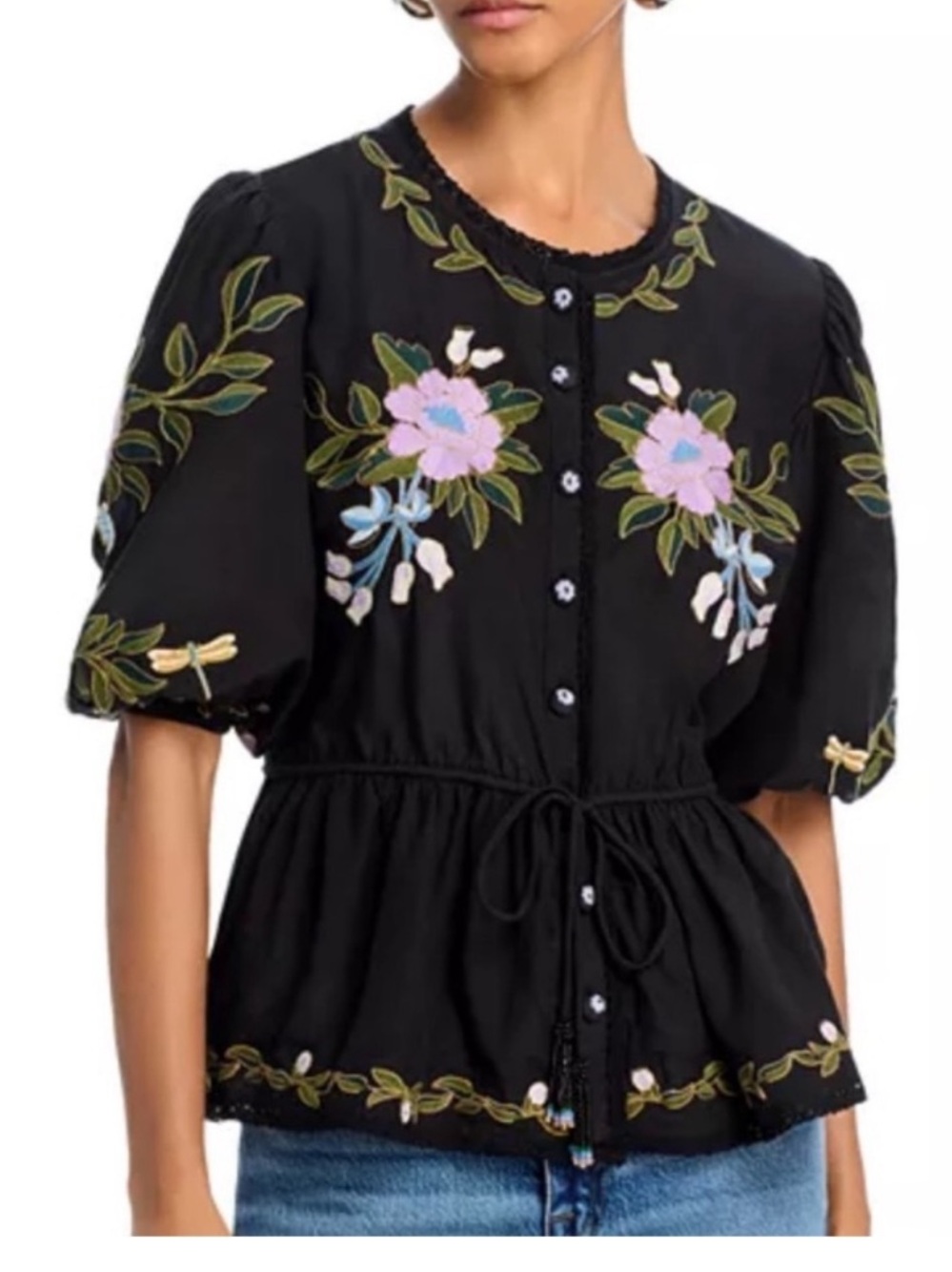 Farm Rio Winter Garden Embroidered Short Sleeve Blouse